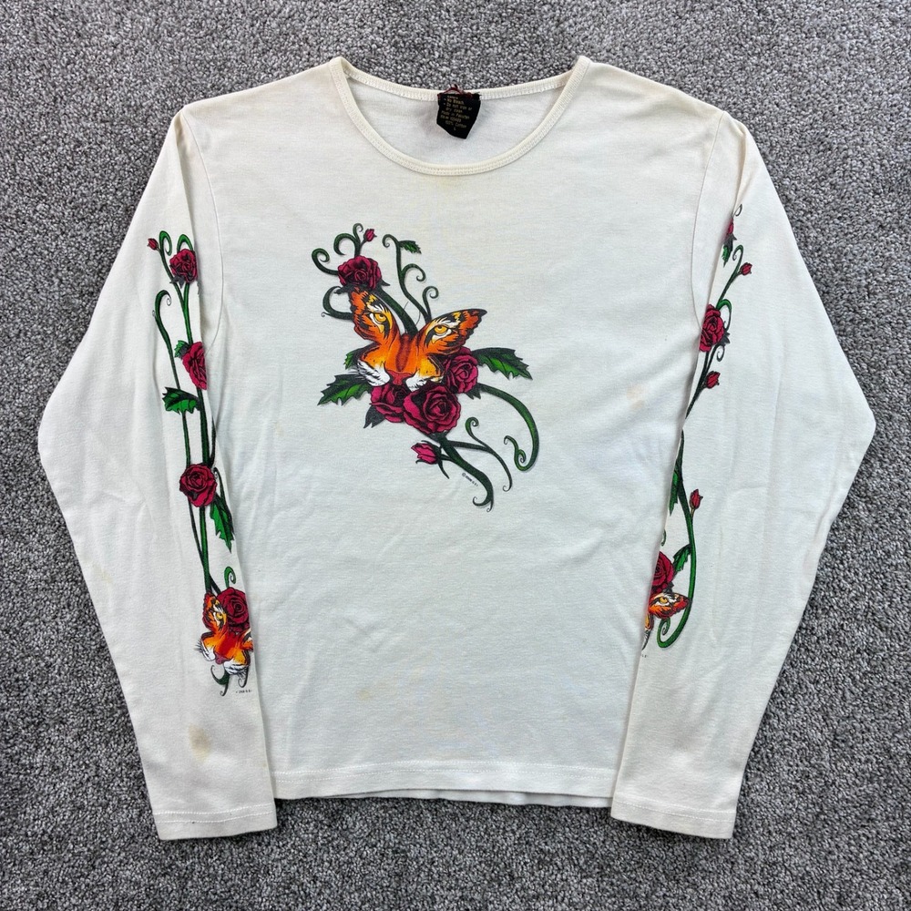 Vintage Y2K Tattoo Baby Tee Shirt Women's L Cream Tattoo Art Tiger Flowers